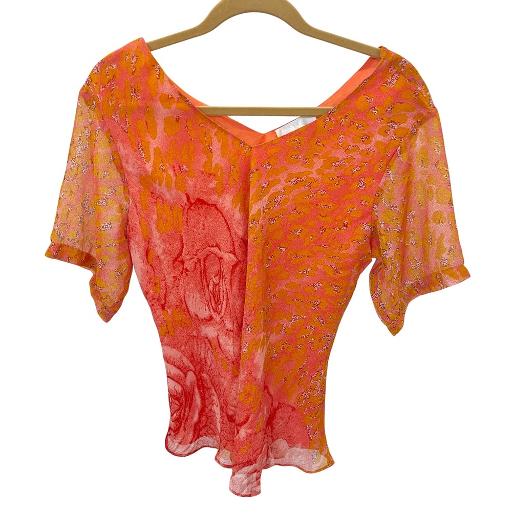 Vintage Y2K Morning Side V-Neck Floral Leopard Print Chiffon Top Fairy LARGE